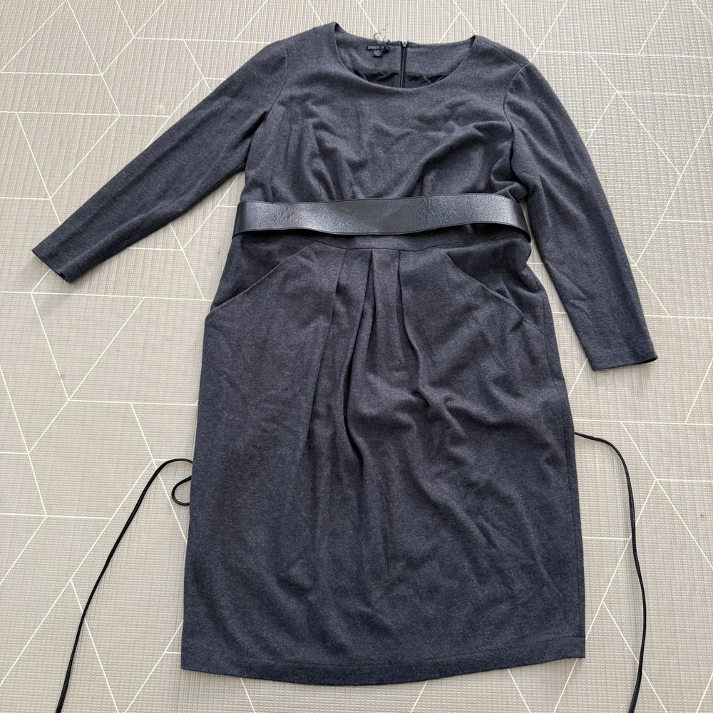 Lafayette 148 NY 100% Virgin Wool Gray Career Dress 14 Pleated Matching Belt